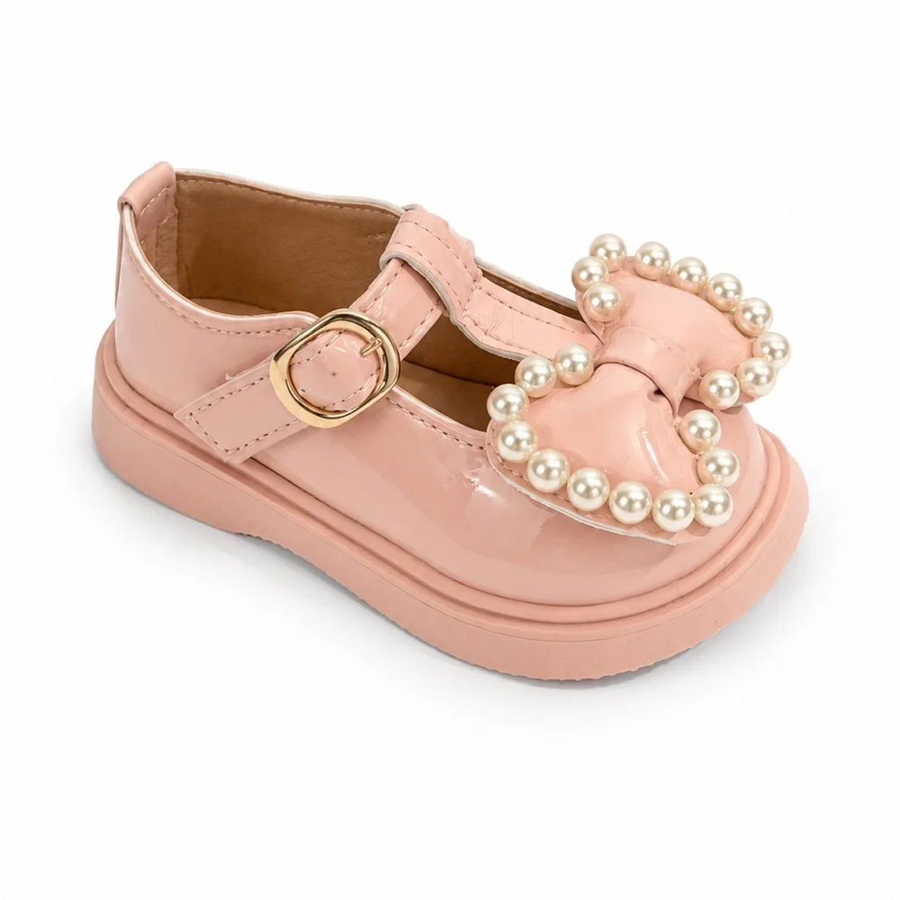 Girls Pink Pearl Bow T-Strap Dress Shoe